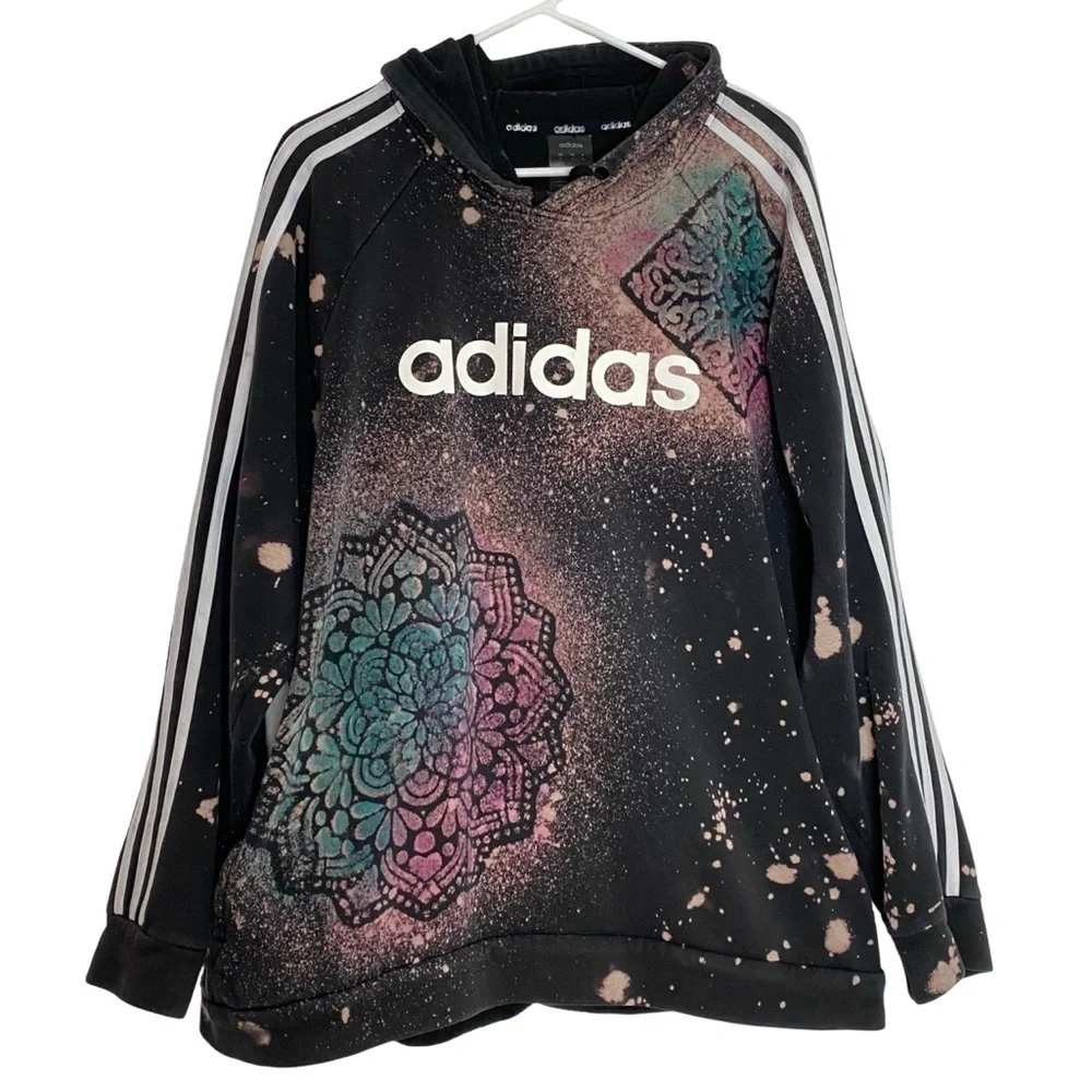 Adidas Hoodie Sweatshirt Mens Size XL Unisex Pullover Mandala Floral Black Multi